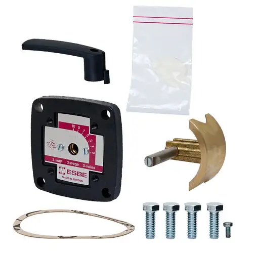 Reparatur-Einsatz von ESBE bestehend aus einem Regelventil, einem Hebel, einer Dichtung, einer Halteschraube und weiteren Befestigungsteilen in einem Set.